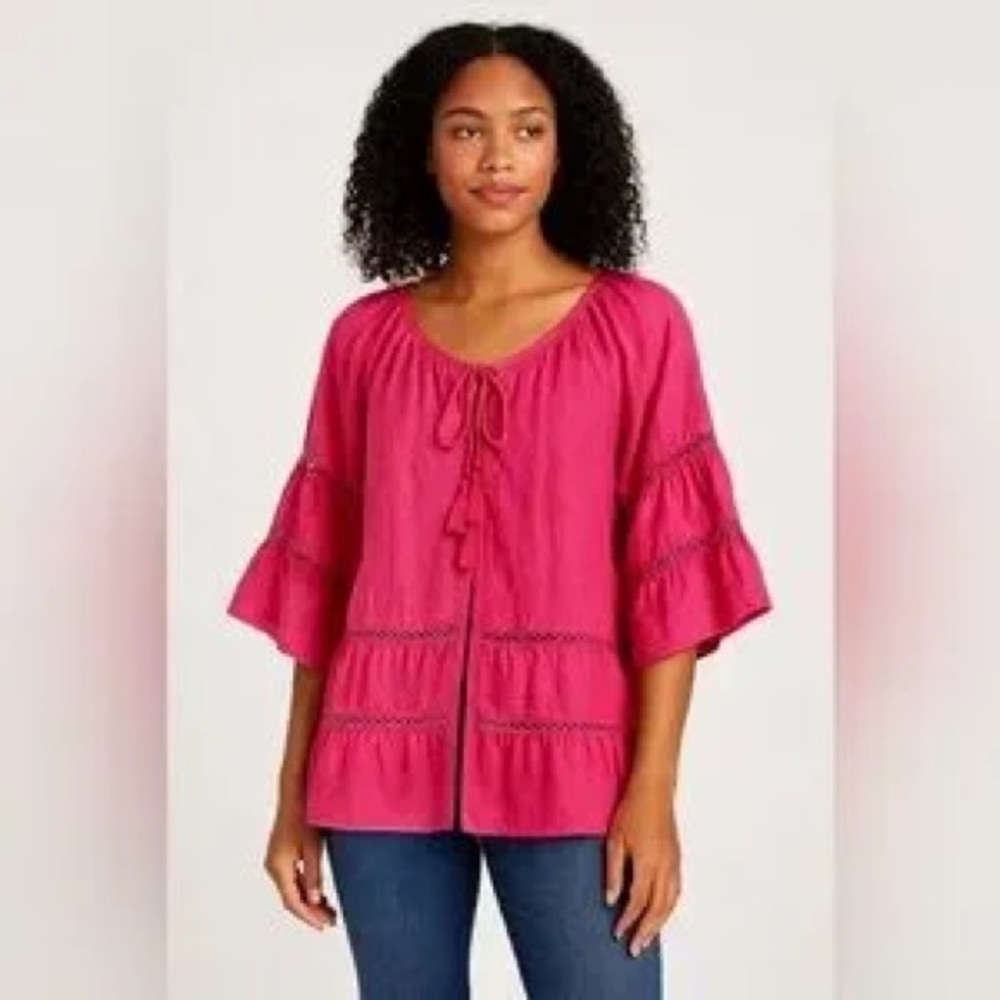 Relaxed Pink Peasant Tunic with Tiered Ruffle Sleeves